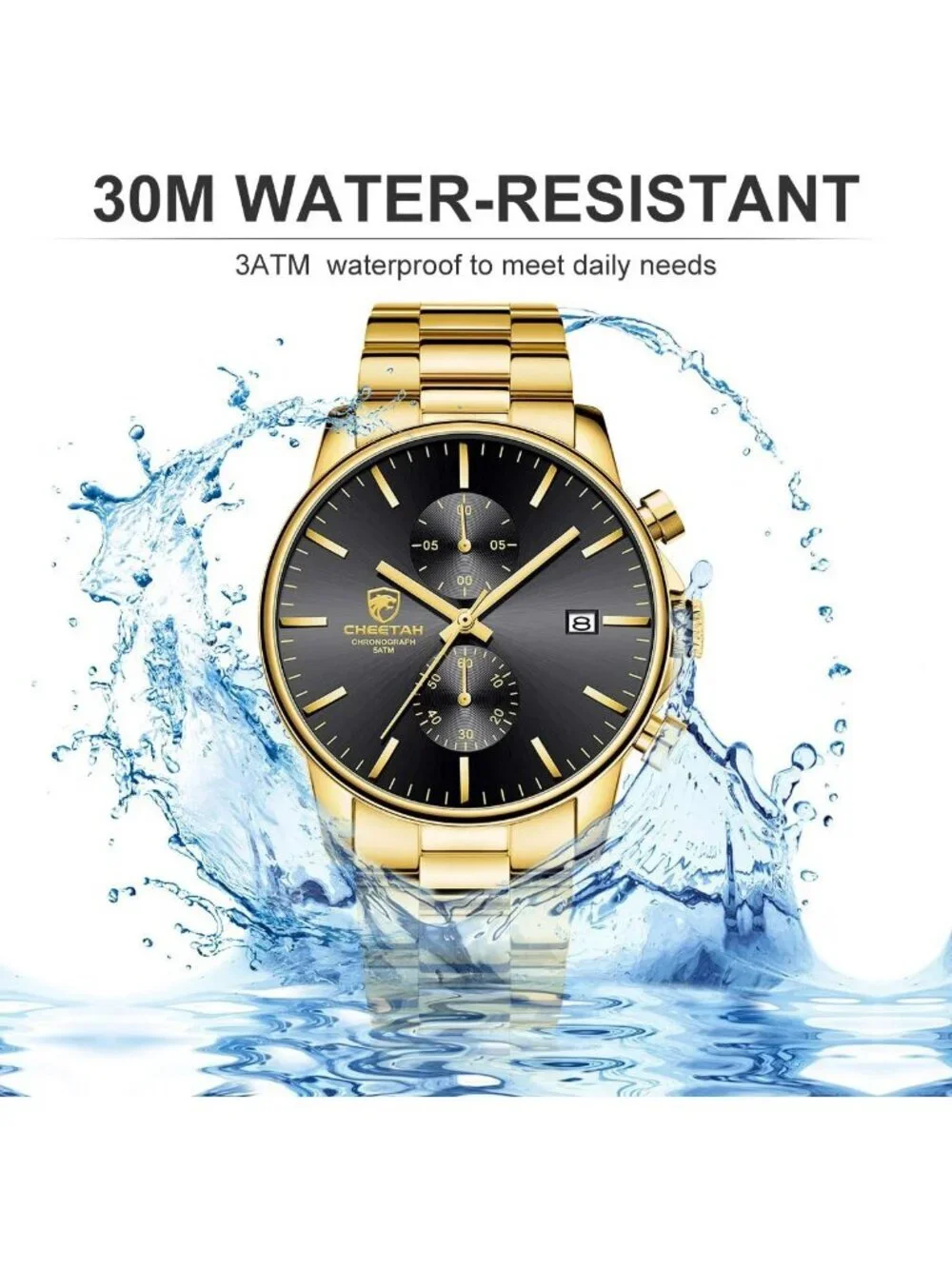 Men's Gold Black Classic Stainless Steel Waterproof Chronograph Quartz Watch